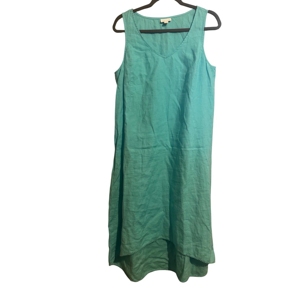 J.Jill Love Linen Sleeveless V-Neck High-Low Dress Turquoise Blue Womens Medium - Picture 2 of 9